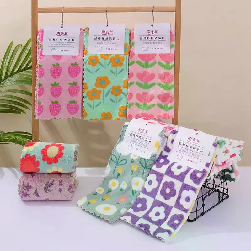 4Pcs 30*30cm Kitchen Cleaning Cloths Soft Absorbent Dishcloth Coral Fleece Sunflower Wiping Towel Rags Household Cleaning Cloth