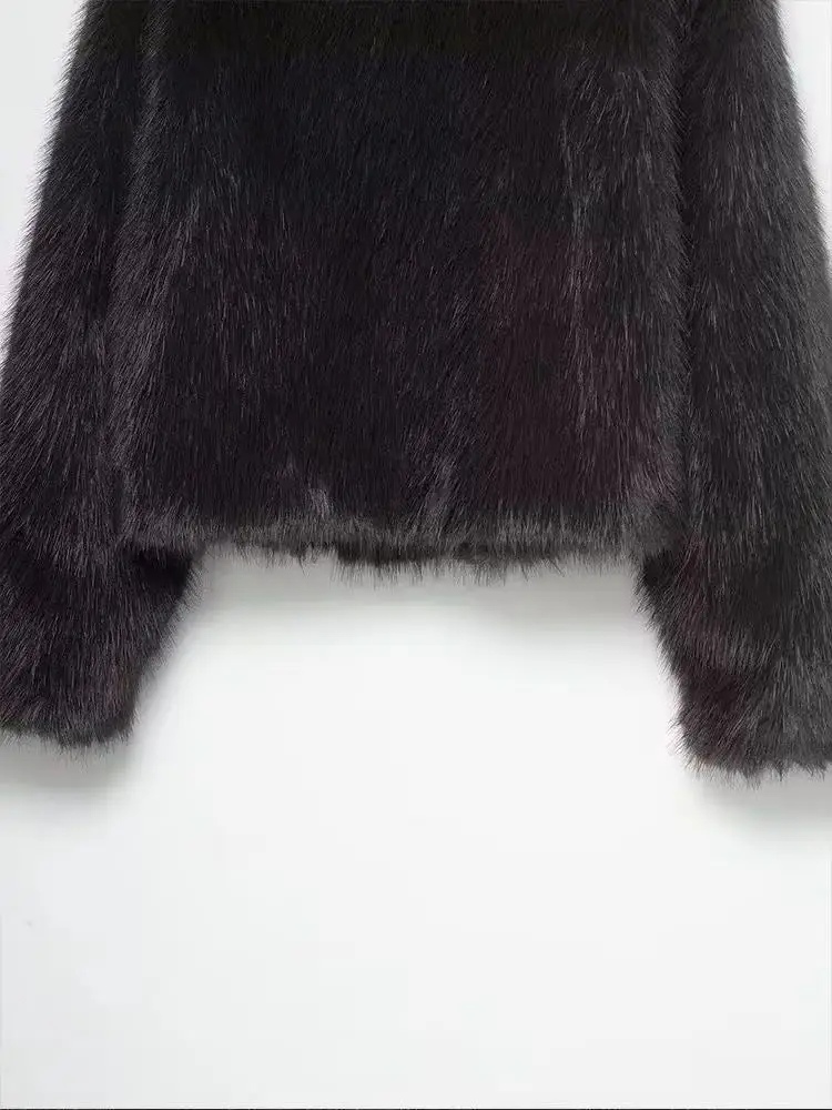 HH المرأة شتاء موضة جديدة فو الفراء تأثير معطف مع عقدة مشبك سترة قصيرة الإناث خمر الوقوف طوق ملابس خارجية غير رسمية