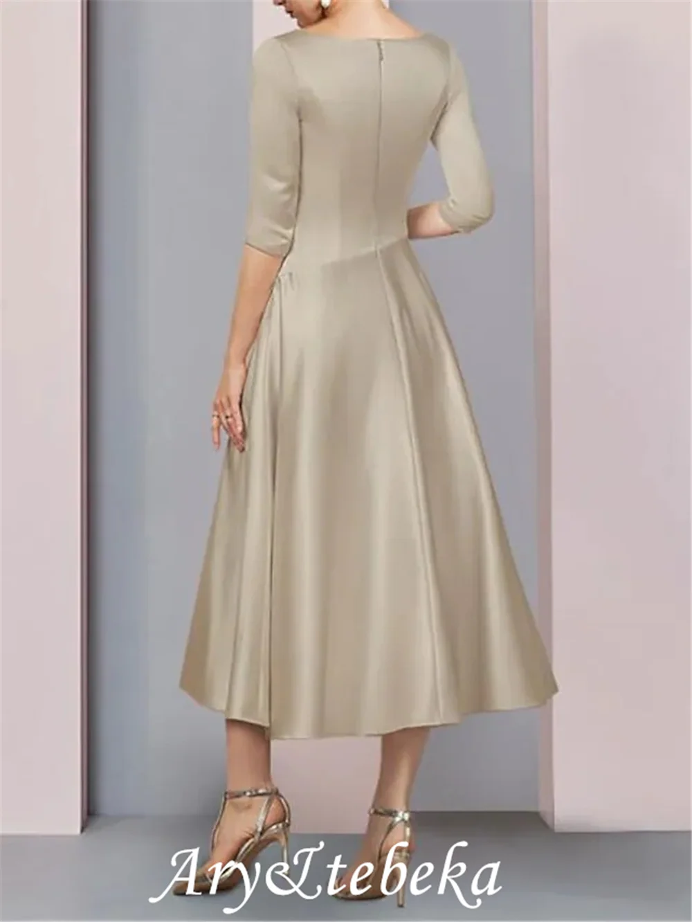 A-Line Mother of the Bride Dress Plus Size Elegant Vintage V Neck Tea Length Satin 3/4 Length Sleeve with Pleats