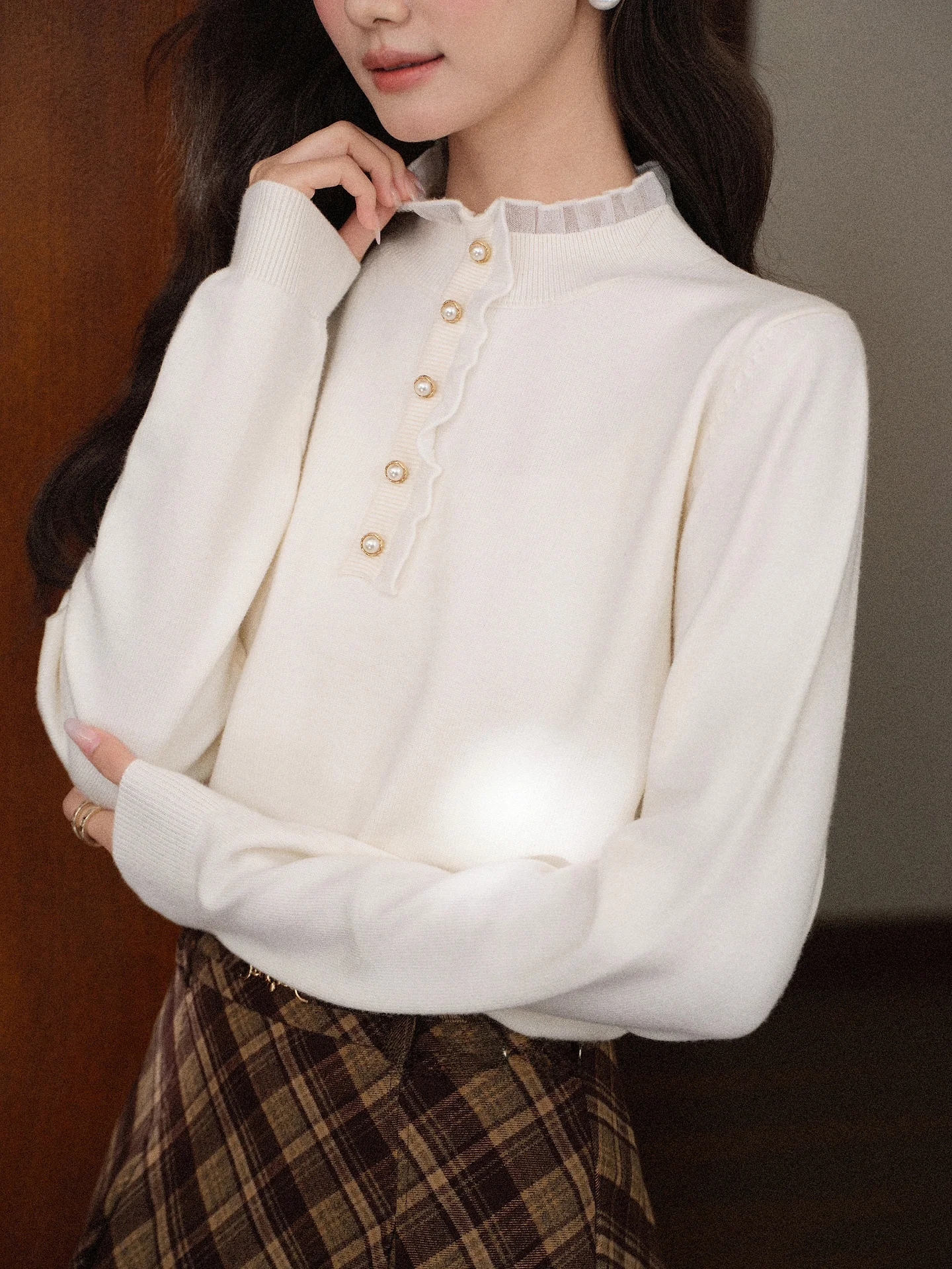 

Вязаный топ Ele Pearl Button с воротником-стойкой, светло-коричневый, с длинными рукавами, модный, для женщин, осень-зима