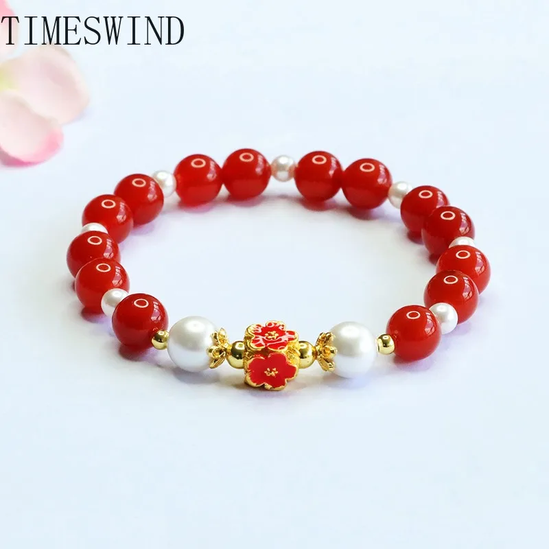 

TIMESWIND Natural Red Agate Shell Round Beaded Alloy Flower Women Bracelet with Certificate