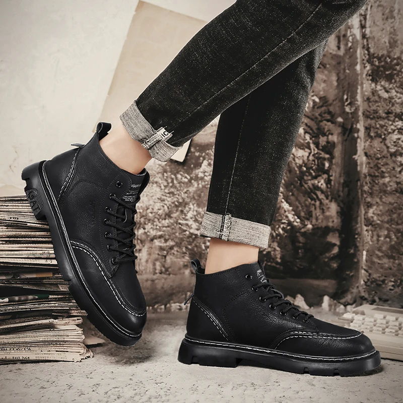 

Модные повседневные кожаные брендовые однотонные полосатые ботинки ручной работы с высоким берцем на толстой подошве в стиле ретро, новые уличные рабочие ботинки