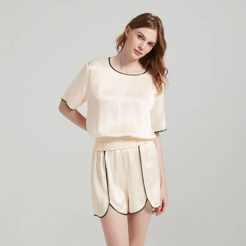 

Contrast Color Short Sleeve Shorts Heavy Silk Pajamas Suit 100 Can Be Worn outside Casual Homewear Women