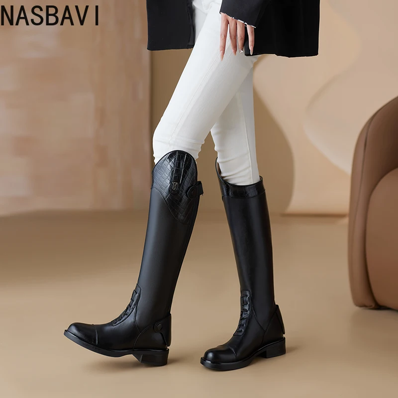 

2026 Winter Fashion Women Knee High Boots Pointed Toe Woman Shoes Low Heel British Cow Leather Motorcycle Long Boots 34-43
