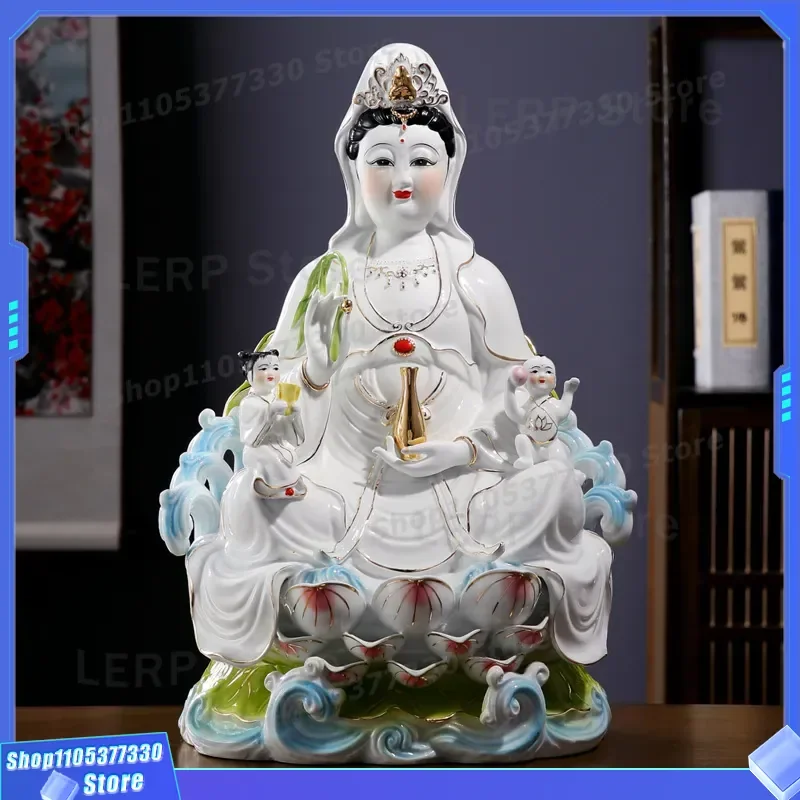 White Jade Guanyin Buddha Statue Ceramic Bodhisattva Ornament for Home Offering Decor Send Son Goddess Figure Wholesale Gift