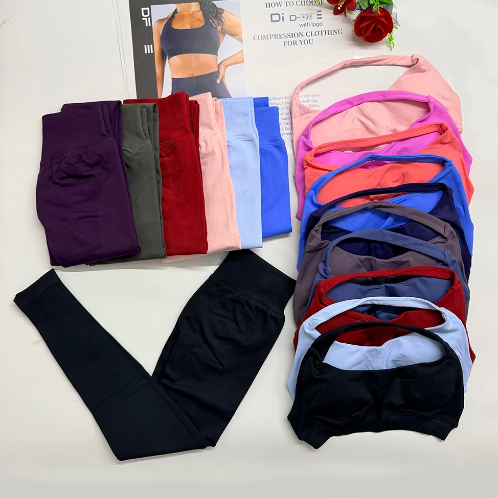 

Women two Pieces Dlogo Yoga Sports Impact yoga outfit Set Backless Halter Top Seamless Scrunch leggings Gym Workout Sports Suits