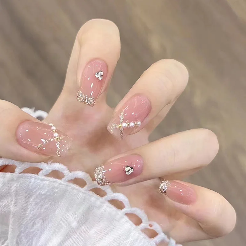 French Fake Nails Stick-on Long Ballet Pink False Nails with Rhinestone Designs Full Cover Acrylic Press on Nails for Women Girl