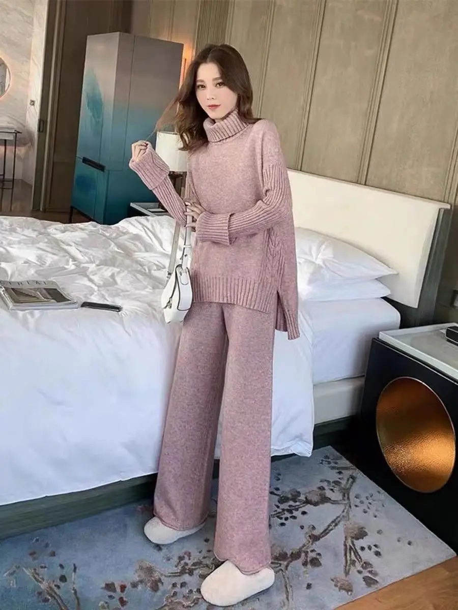 Women Winter Sweater Sets Solid Twist Jacquard Loose Pullover Top + Rolled-up Wide-leg Pants Suits Knit Trousers 2 Piece Sets