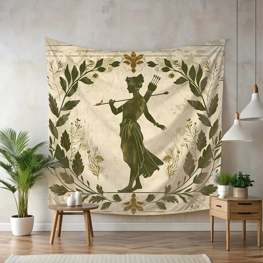 VIKAMA Greek Goddess Artemis Tapestry Vintage Olive Green Hanging Cloth Living Room Room Decoration Home Decoration