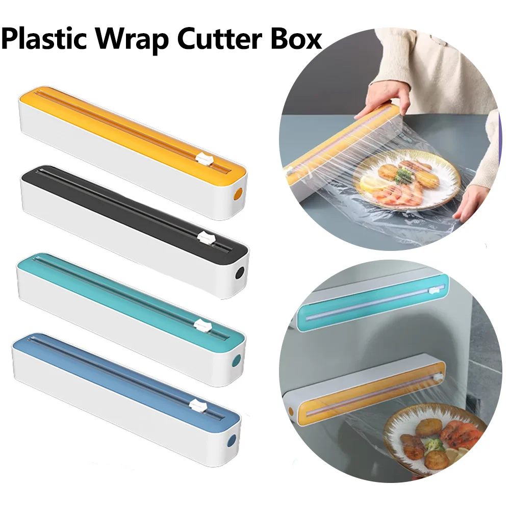 

Plastic Wrap Cutter Box, One-Touch Kitchen Food Film Dispenser with Strong Suction Cup & Magnetic Base for Refrigerator
