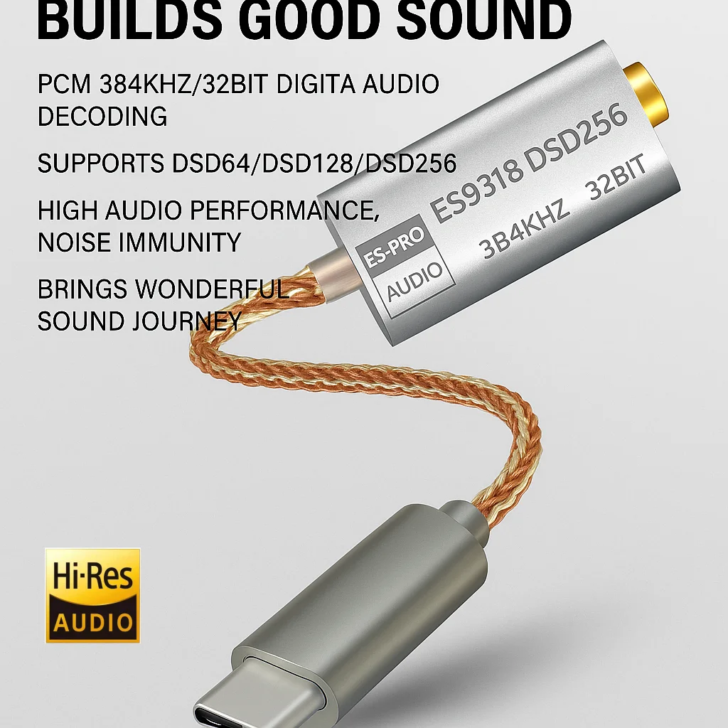 8-Core Silver-Plated Copper Cable DAC – Type-C to 3.5mm Hi-Res Audio Converter, Hand-Braided