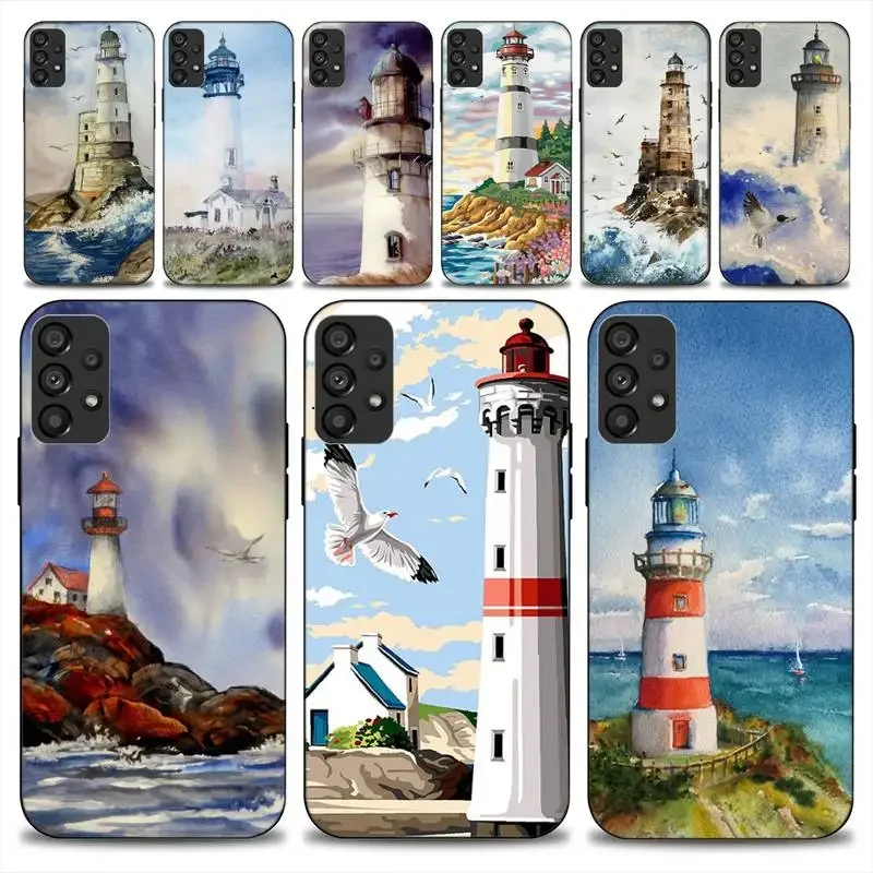 Hand Painted Lighthouse Print Bird Phone Case For Samsung Galaxy  A51 A71 A13 A73 S23 A52 A53 5G Soft Cover