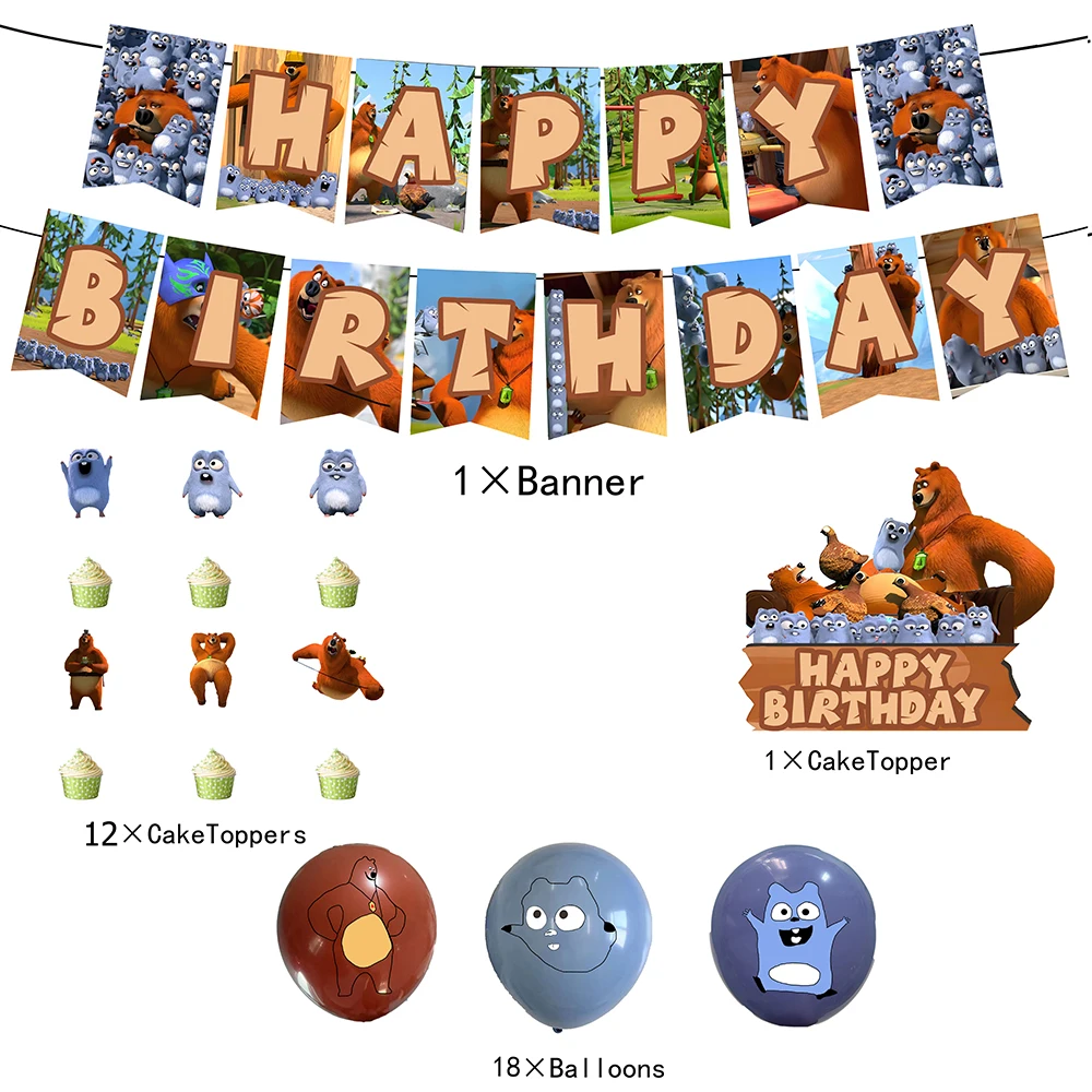 Grizzy And Lemmings Birthday Party Decoration Bear Balloon Backdrop BannerCake Topper Party Supplise Kids Toys