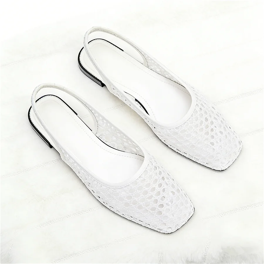 Women's Square Toe Hollow Crochet Singback Flat Sandals Breathable Backless Mules for Summer Ladies Casual Office Wear Flats