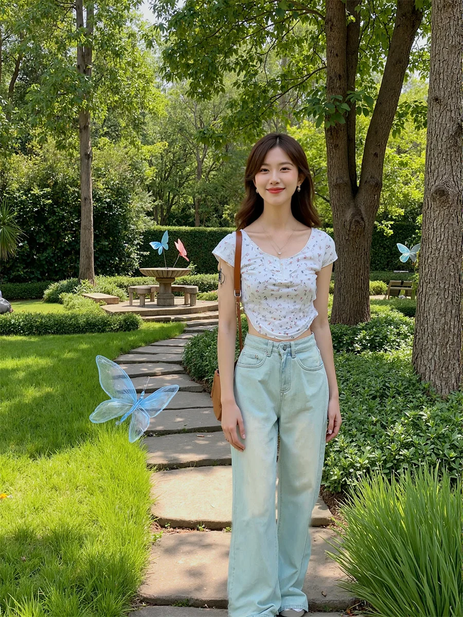 

Потертые джинсы с широкими штанинами, женские рваные джинсы с высокой талией в стиле пэчворк, потертый подол, винтажная вышивка, шикарные брюки с карманами в стиле ретро