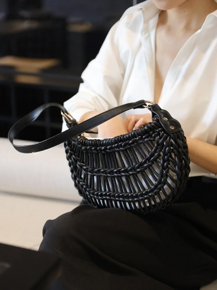 

2025 New Half-Moon Shaped Hollow Out Tote Bags For Women Black Pu Leather Patchwork Hand-Woven Underarm Bag Fashion Shoulder Bag