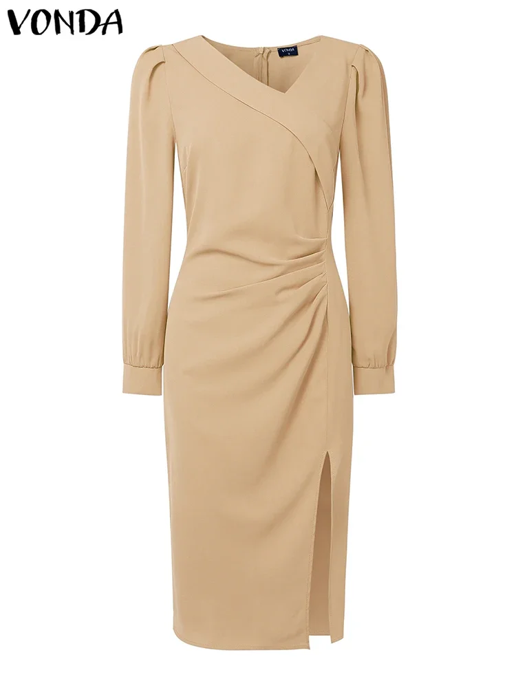 5XL Abiti da donna Manica lunga Lavoro Vestito estivo Elegante Autunno Robe Plus Size VONDA 2025 Casual Office Lady Split Abiti a pieghe