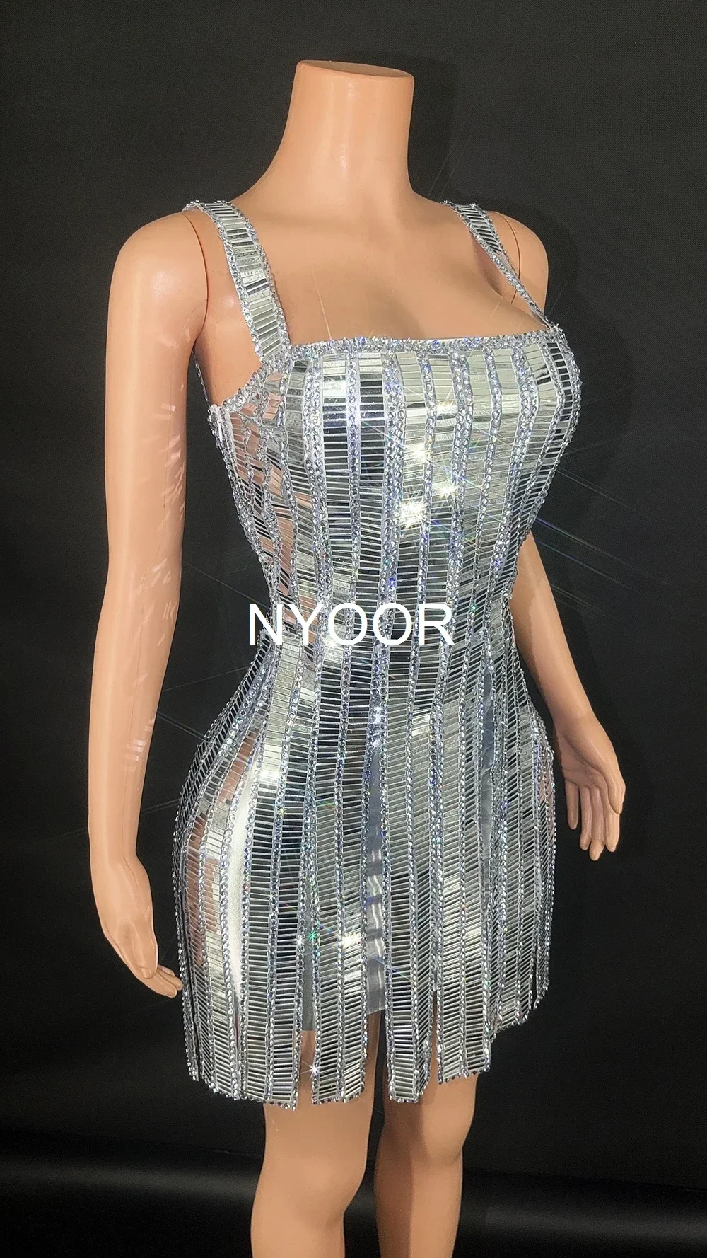 Sparkly Silver Mirrors Strip Short Dress for Women Sexy Performance Dance Costume Singer Dancer Stage Wear Nightclub Outfit