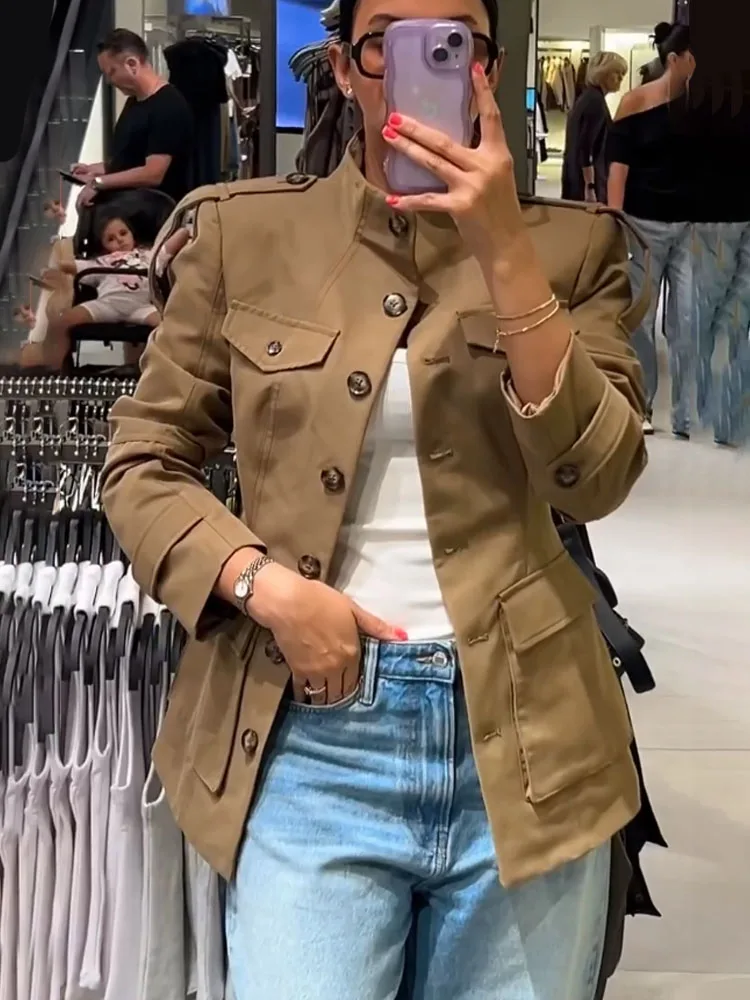 

HH Women's Elegant Long Sleeves High Neck Pockets Single Breasted Decorate Coats Autumn Woman Street Style Casual Slim Jacket