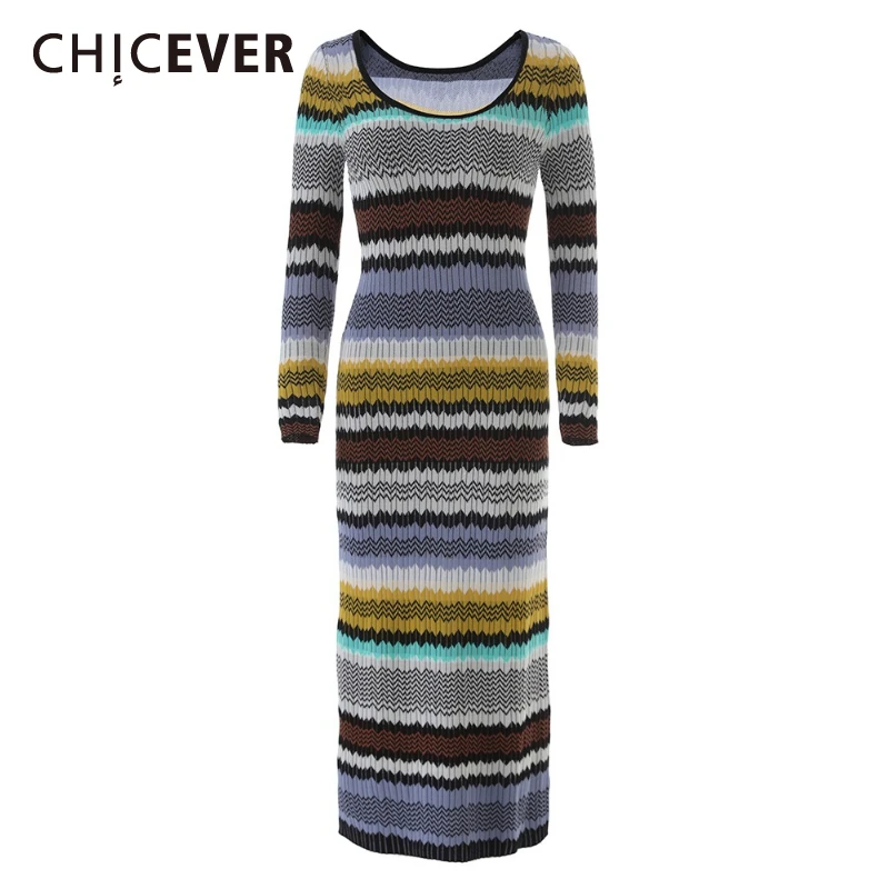 

CHICEVER Hit Color Spliced Striped Dress Female O Neck Long Sleeve Slimming Gentle Intellectual Women's Dresses Autumn Fashion