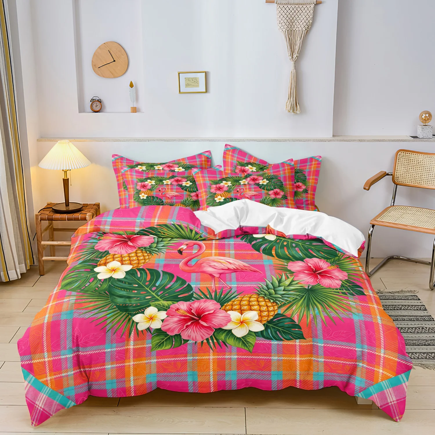  3Pcs Tropical Flamingo Print Duvet Cover Set, Hot Pink Rainbow Plaid Pink Pineapple Leaves and Hibiscus Flowers Print Bedding