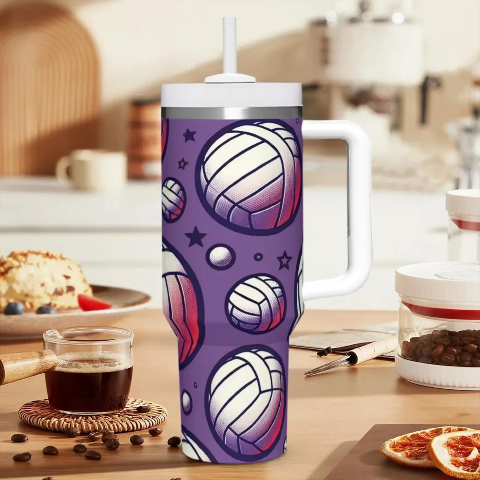 1pc Vibrant Volleyball-Themed 40oz Insulated Coffee Mug with Lid & Straw - Stainless Steel, Pvc-Free, Perfect for Sports Fans - Hand Wash Only, Reusable Beverage Container, Sports Fan Mug | Volleyball Design | Durable Coffee Cup, Coffee Mug