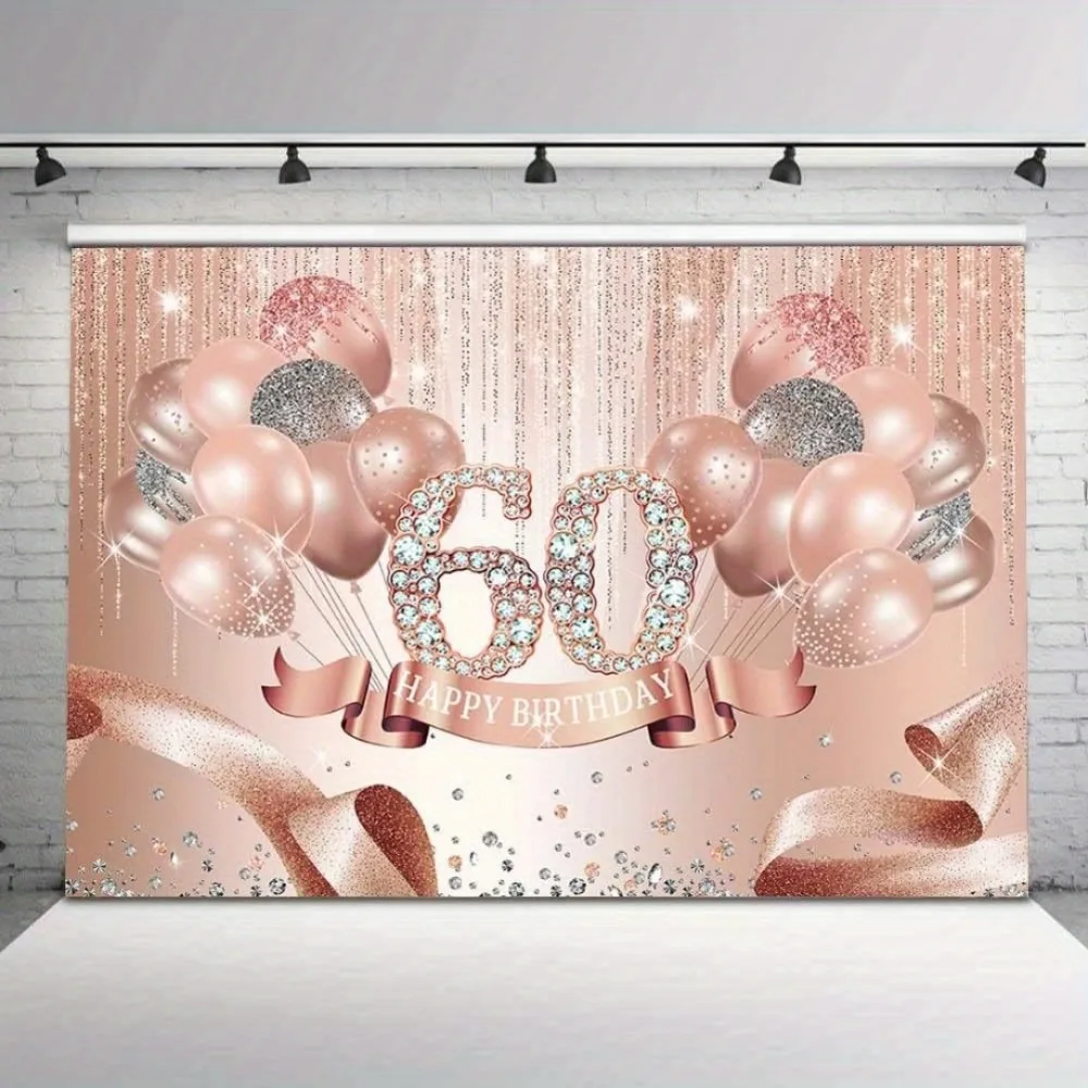 Rose Golden Happy 60th Birthday Backdrop Decorations For Women Pink Glitter Ribbon Balloons Dots Photography Background