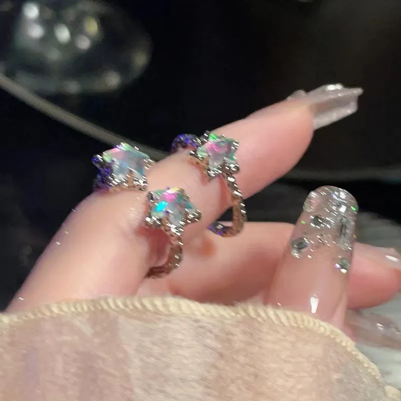 Beautifully Colorful Star Crystal Open Ring for Women Y2K Personalized Fashionable Daily Accessories Party Jewelry Birthday Gift
