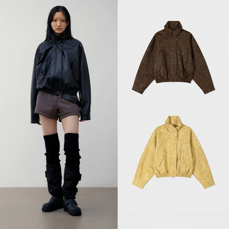 

ort Jaet с высоким воротником, adient Dyeing oulder Sve Insertion 24, осеннее классическое женское кожаное пальто низкого класса