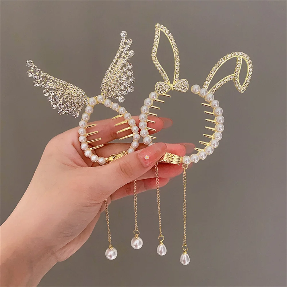 Pearl Tassel Rhinestone Hair Clasp Bun Maker Hair Claw Girls High Ponytail Clip Temperament Hair Buckle Headdress Accessories