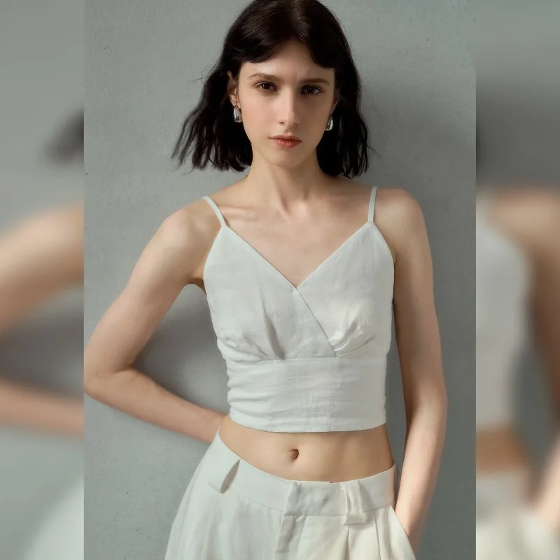 

100% Hemp Crop Tops Women Adjustable Strap V-neck Sleeveless Backless Vest Summer High Street Fashion White Top Chic Camisloe