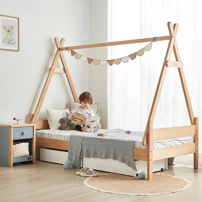 Wooden children's furniture Solid wood children's house bed frame with locker hanger