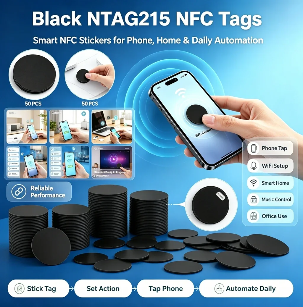 25mm NFC Tags NTAG215 Waterproof Round PVC NFC Cards Black White 504 Bytes Rewritable NFC Tag for Smart Home Automation