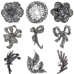 Gun Black Rhinestone Bow Brooches for Women Unisex Pearl Wreath Pins Office Party Friend Gifts Jewelry Accessories