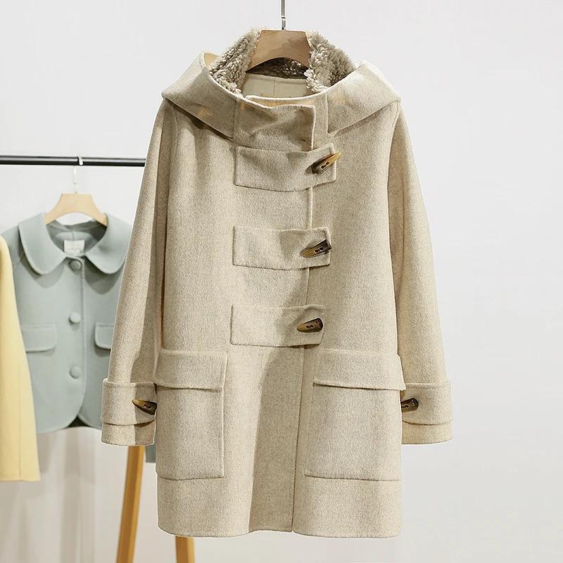 

Double-Faced Woolen Coat Jacket Women's Winter New Style Street Fashion Straight Cut Long Sleeve Hooded Mid-Length Coat