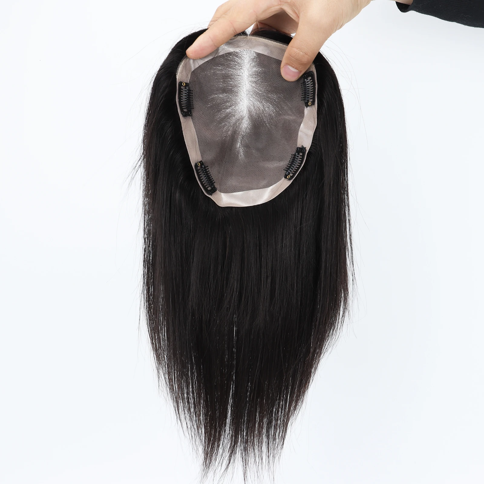 手植えモノベースヘアピース、バージンヨーロピアンヘア使用、軽量で通気性のある女性用ヘアピース、クリップ式/PU素材、ナチュラルブラック