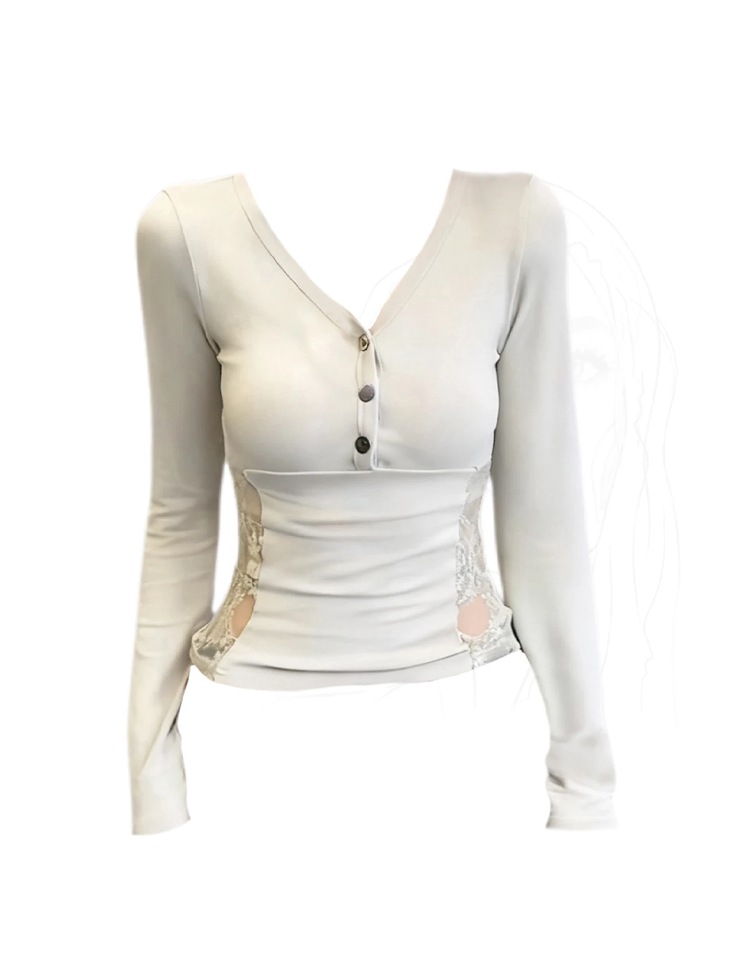 

Женская абрикосовая кружевная лоскутная футболка Y2k, винтажная эстетичная футболка Harajuku Gyaru с v-образным вырезом, футболки с длинными рукавами, одежда 2000-х годов