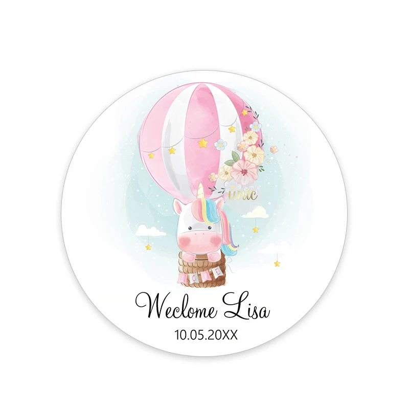 Custom Welcome Baby Hot Air Balloon Animals Birthday Party Labels Favors Round Sticker Baby Shower Personalise Travel Sticker