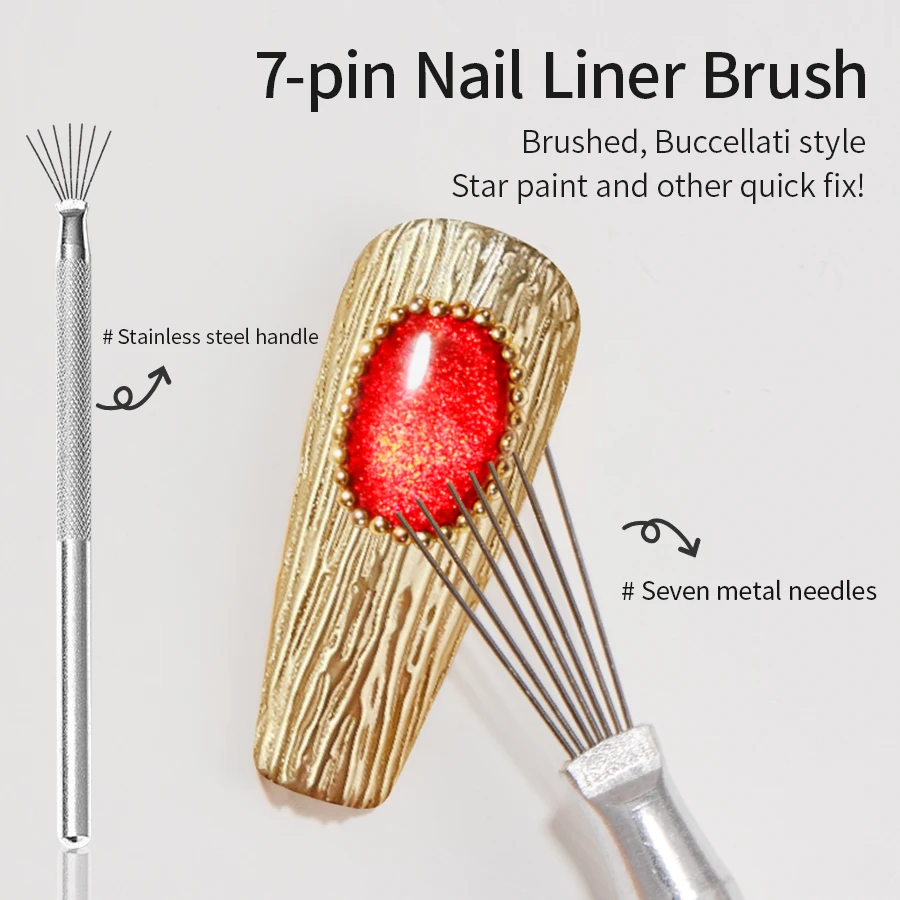 RS NAIL Strumento per disegno a filo per nail art Pennello multifunzionale per rivestimento per unghie in acciaio inossidabile a 7 pin Strumenti per pennelli per texture unghie fai da te pieghevoli