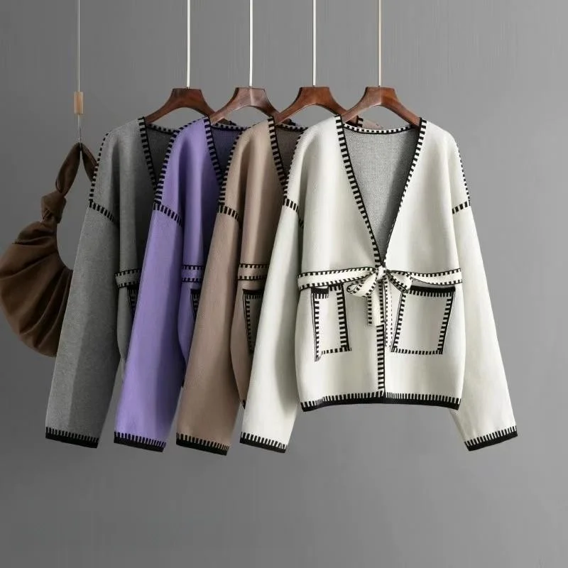 

Loose Casual Knitted Open Cardigan Sweater with kets Tie up Sle Autumn Winter Women's Faion V Ne Long Sve Top
