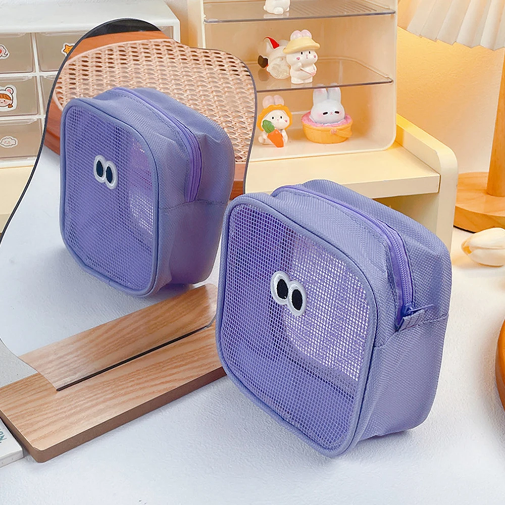 New Candy Color Clear Mesh Cosmetic Bag Cute Big Eyes Make Up Case Kawaii Makeup Pouch Makeup Case Portable Toiletry Storage Bag