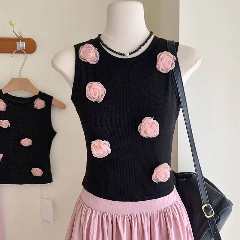 New Korean Sweet 2 Piece Set Women 3D Flowers Sleeveless Top + High Waist Pleated Long Skirt Two-piece Outfits Conjuntos Cortos