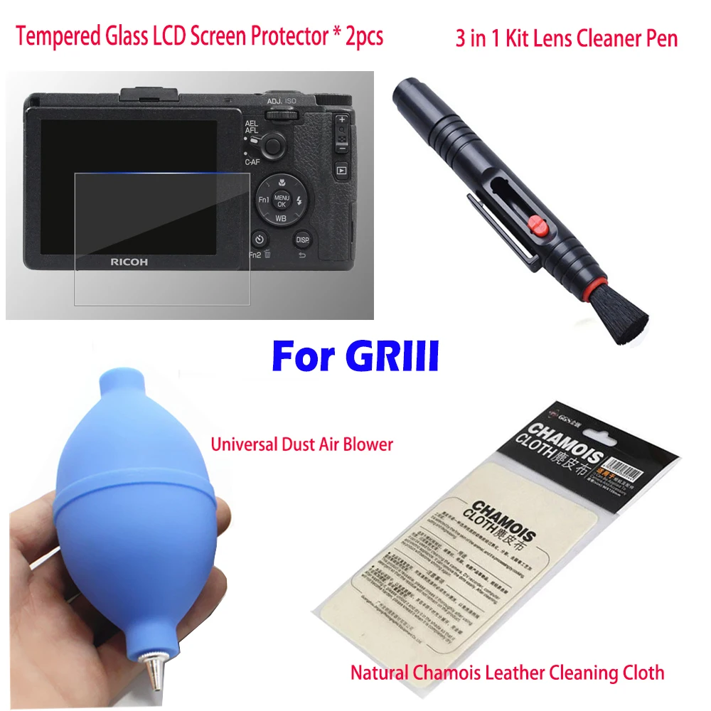 Shockproof HD Tempered LCD Screen Protector for Ricoh GR GRII GRIII GR2 Dust Air Blower Cleaning Tool 3 in 1 Lens Cleaner Pen