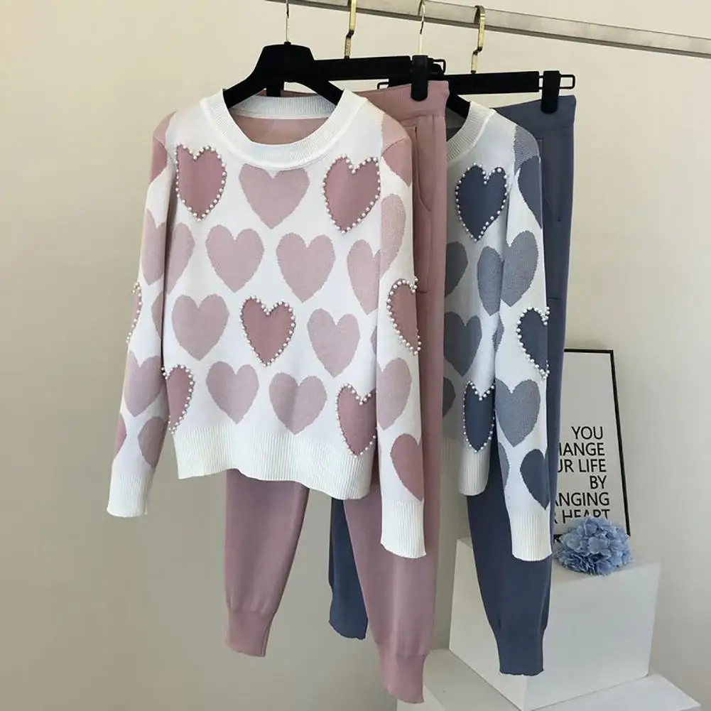 2Pcs/Set Spring Autumn Women Sweater Pants Heart Pattern Beads Pullover Top Trousers O Neck Elegant Knitting Outfit Streetwear