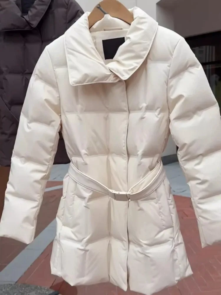 

Женское теплое пальто Ele белого пуха Jaet Thiened с воротником-стойкой и застежкой на талии, зимнее новое пальто средней длины для поездок на работу