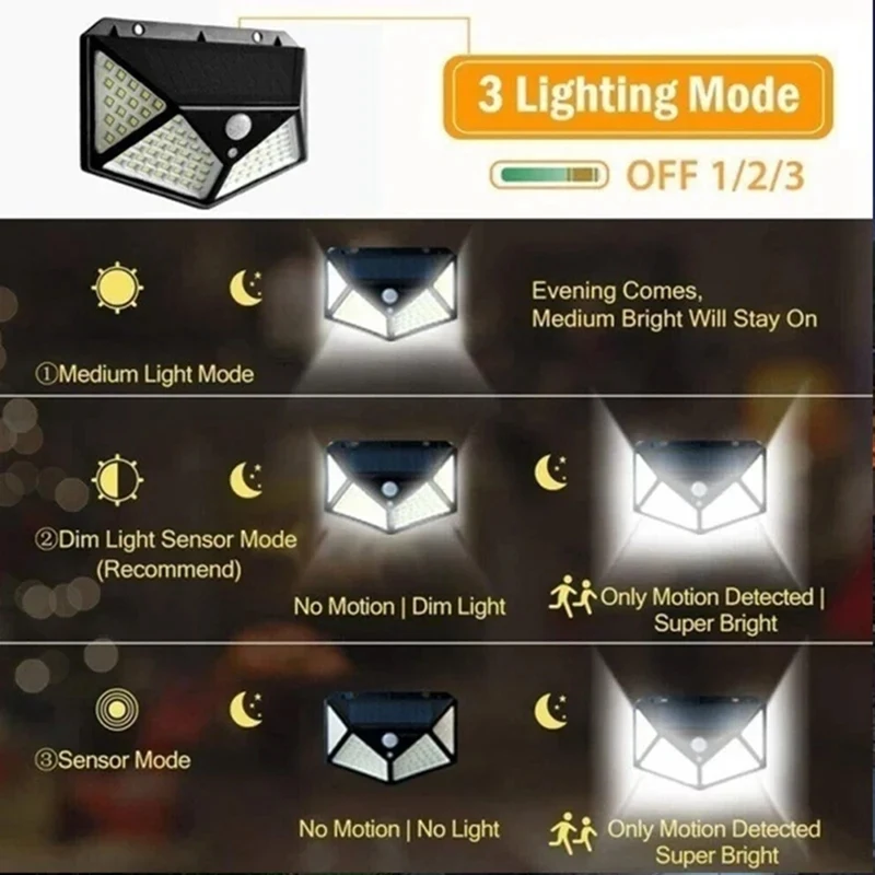 1 Piece Outdoor Solar Lights 100Leds Outdoor Solar Lights Black ABS Motion Sensor, 3 Lighting Modes