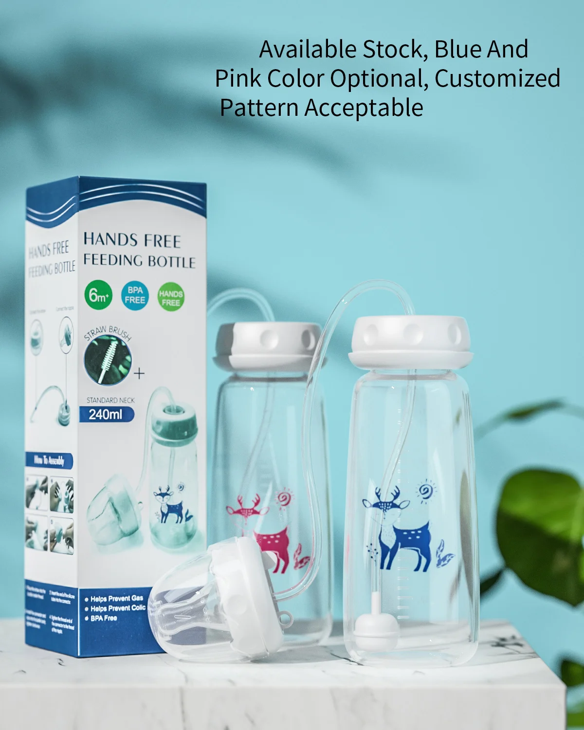 BornBL 6 Month+ 8oz 240ml Hands Free PP Baby Feeding Bottle with Tube Anti-Colic Nursing System, Bpa Free