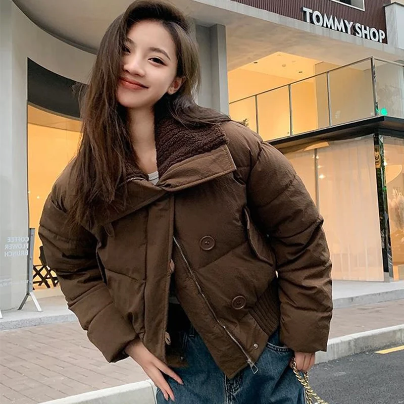 

Turn Down Collar Warm Parkas Women Y2K Button Zipper Up Short Parka Jacket for Woman Fashion Loose Thicken Pockets Outwear Lady