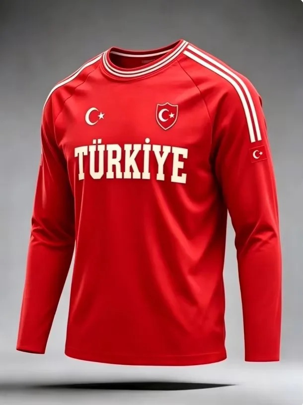 2026 Neues Herren-Fußballtrikot mit langen Ärmeln, Türkei-Print, weiß-rot gestreiftes Fußballshirt, lässiges Sport-Trainingsoberteil, Fan-Trikot – Detail 3