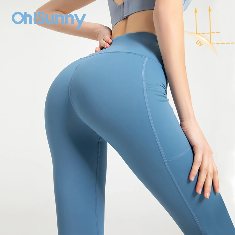 

OHYOGA Women Fitness Gym Leggings Yoga Pants Solid Color Sports Clothes Stretchy High Waist Push UP Heart Shape Line Mesh Pocket